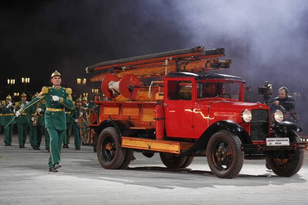 MOSCOW REGION, RUSSIA - SEPTEMBER 6, 2020: Members of the Russian Emergency Situations Ministry band perform during a concert by participants in the Spasskaya Tower International Military Music Festival by the Main Cathedral of the Russian Armed Forces. Mikhail Japaridze TASS  TS0E618C
