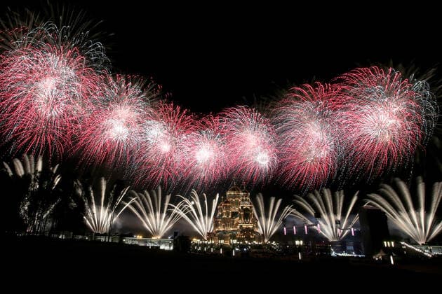 MOSCOW REGION, RUSSIA - SEPTEMBER 6, 2020: Fireworks go off over the Main Cathedral of the Russian Armed Forces after a concert by participants in the Spasskaya Tower International Military Music Festival. Marina Lystseva TASS  TS0E6194