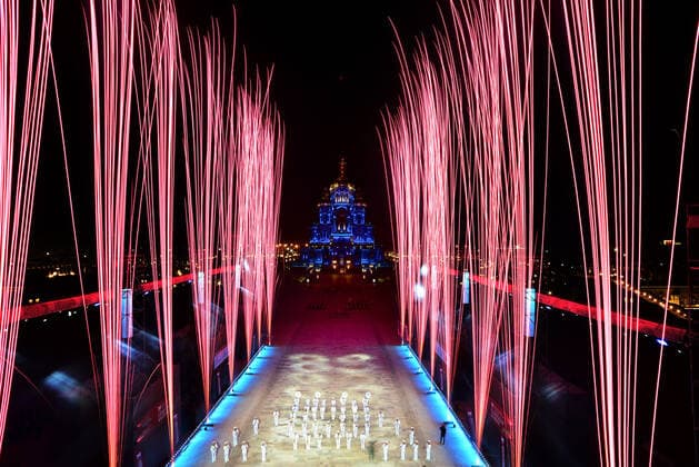 MOSCOW REGION, RUSSIA - SEPTEMBER 6, 2020: Fireworks go off over the Main Cathedral of the Russian Armed Forces after a concert by participants in the Spasskaya Tower International Military Music Festival. Tatyana Belyakova TASS  TS0E6195