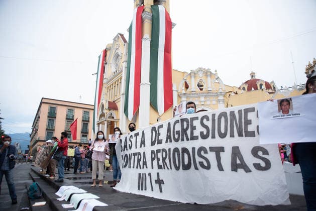 September 10, 2020, Xalapa, Veracruz, Mo xico: Companions and colleagues of Julio Valdivia demonstrate in the Plaza Lerdo in the Center of Xalapa to demand justice for another journalist murdered in the state. Xalapa MÃ xico - ZUMAqp1_ 20200910_zip_qp1_008 Copyright: xHectorxAdolfoxQuintanarxPerezx