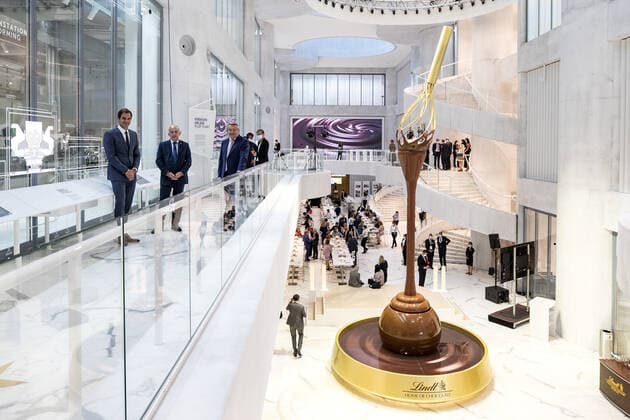Lindt has opened the world s largest chocolate museum offering fans of the brand and chocolate lovers a unique insight into how its iconic sweet treats are made. The Willy Wonka-esque factory opened its doors to the public in Zurich, Switzerland yesterday (13th September) and took 36 months to construct. The attraction features the world?s highest free-standing chocolate fountain, which measures at just over nine metres high. The chocolate fountain will see 1,000 litres of melted chocolate flow from a ginormous hovering whisk and will descend to cover a giant Lindor ball. It?s also the centerpiece greeting guests at the entrance, setting the tone for the chocolatey experience ahead. The Lindt Home of Chocolate takes guests on a journ Copyright: xx 40852987 EDITORIAL USE ONLY. NOT FOR USE BY NEWSPAPERS BASED IN THE UK.