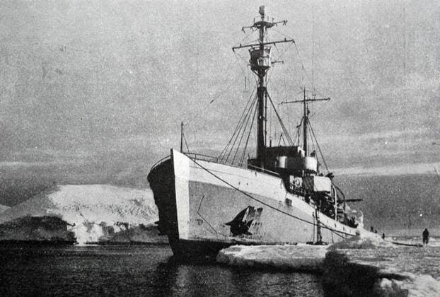 Black and white photograph of the ship Commandant Charcot on the expedition led by Andre-Frank Liotard (1905-1982) to Antarctic Waters. WorldxHistoryxArchive 917_05_WHA_134_0753