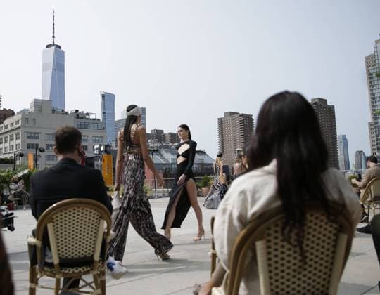 Models walk on the runway at the Bronx and Banco fashion show at the rooftop of Spring Studios as park of New York Fashion Week on Tuesday, September 15, 2020 in New York City. Due to the Coronavirus pandemic almost all shows will be virtual with no attendees and some big designers are opting to skip altogether.  NYP20200915161 JOHNxANGELILLO