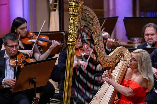 Czech Harpist Jana Bouskova (pictured) and PKF - Prague Philharmonia perform during the concert of Dvorak Prague international music festival. PKF - Prague Philharmonia is conducted by Marek Sedivy in Prague, Czech Republic, September 16, 2020. (CTKxPhoto VitxSimanek) CTKPhotoP202009161074201 VIS 005