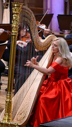 Czech Harpist Jana Bouskova (pictured) and PKF - Prague Philharmonia perform during the concert of Dvorak Prague international music festival. PKF - Prague Philharmonia is conducted by Marek Sedivy in Prague, Czech Republic, September 16, 2020. (CTKxPhoto VitxSimanek) CTKPhotoP202009161079801 VIS 006 K