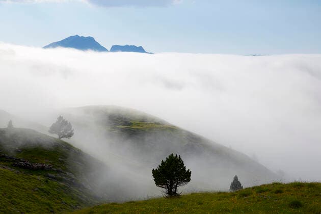 Mist in Candanchu, Pyrenees, Canfranc Valley in Spain. Spain, Aragon, Candanchú CR_PESA200913-496028-01