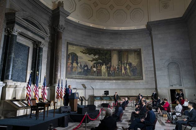 United States President Donald Trump makes remarks at the White House Conference on American History in observance of Constitution Day at the National Archives in Washington, DC on Thursday, September 17, 2020.  WAXP2020091775 AlexxEdelman