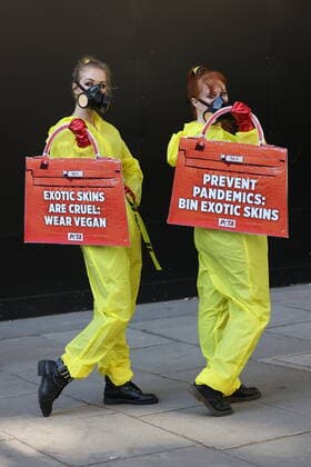 . 17 09 2020. London, United Kingdom. PETA supporters dressed in hazmat suits stage a protest against the use of exotic animal skins at London Fashion Week.  xStephenxLockx xi-Imagesx IIM-21623-0014