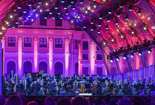 (200919) -- VIENNA, Sept. 19, 2020 -- The Vienna Philharmonic Orchestra performs during the Summer Night Concert at the Schoenbrunn Palace in Vienna, Austria, Sept. 18, 2020. The Summer Night Concert 2020 was staged on Friday by the Vienna Philharmonic Orchestra at the Schonbrunn Palace, a world heritage site in Vienna. The seat capacity this year has been greatly reduced due to COVID-19. ) AUSTRIA-VIENNA-SCHOENBRUNN PALACE-SUMMER NIGHT CONCERT GuoxChen 