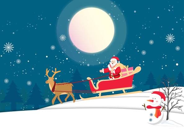Christmas Eve Santa Claus gives gifts, winter night moon shines on illustration background of snowy mountains and forest  778804942380859458
