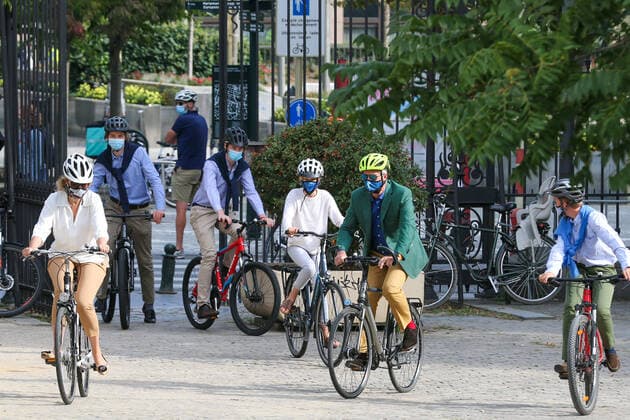 Queen Mathilde of Belgium, King Philippe - Filip of Belgium, Princess Eleonore and Prince Emmanuel pictured during the Car Free Sunday in the Brussels Capital region, Sunday 20 September 2020. In several cities and towns across Belgium a Sunday without cars or other motorized transport is organized.  NICOLASxMAETERLINCK 2547748