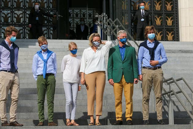 Prince Emmanuel (2L), Princess Eleonore, Queen Mathilde of Belgium, King Philippe - Filip of Belgium and Prince Gabriel pictured during a royal visit to the House of European History (Huis van de Europese Geschiedenis - Maison de l histoire Europeennee), in Brussels, Sunday 20 September 2020. Together with Car Free Sunday, Brussels holds its Open Monuments Day.  NICOLASxMAETERLINCK 2547772