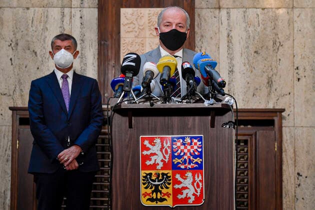 Czech Health Minister Roman Prymula, right, speaks during a press conference after his inauguration on September 22, 2020, in Prague, Czech Republic. On the left side is seen Czech PM Andrej Babis. (CTKxPhoto VitxSimanek) CTKPhotoP202009220324601 VIS 014 K