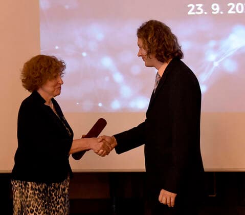Five Czech scientists have received the Czech Science Foundation (GACR) award for outstanding results achieved within projects funded by GACR and focused on basic research, awarded by Foundation chairwoman Alice Valkarova (left) in Prague, Czech Republic, today, on Wednesday, September 23, 2020. On the photo receives the award from chairwoman mathematician Michal Pavelka. (CTKxPhoto MichalxKrumphanzl) CTKPhotoP202009230735201 kru 2