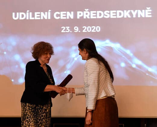 Five Czech scientists have received the Czech Science Foundation (GACR) award for outstanding results achieved within projects funded by GACR and focused on basic research, awarded by Foundation chairwoman Alice Valkarova (left) in Prague, Czech Republic, today, on Wednesday, September 23, 2020. On the photo receives the award from chairwoman quantum chemist Judit Sponerova. (CTKxPhoto MichalxKrumphanzl) CTKPhotoP202009230757701 kru 3