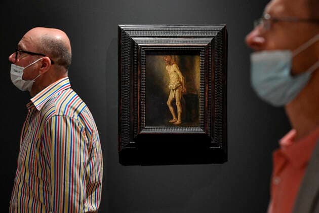 Journalistic tour of the big international exhibition of works by Rembrandt van Rijn called Rembrandt: Portrait of a Man, took place in the Kinsky Palace in Prague, Czech Republic, on September 24, 2020. On the photo is seen Nude Study of a Standing Youth as Christ at the Column painting. (CTKxPhoto VitxSimanek) CTKPhotoP202009240689501 VIS 011