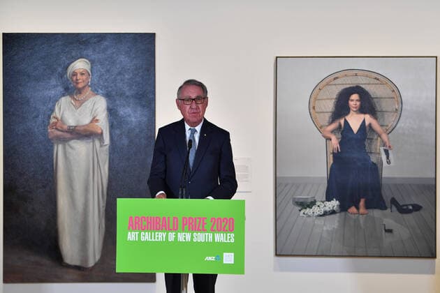 ARCHIBALD PRIZE WINNER 2020, David Gonski announces indigenous artist Vincent Namatjira as the winner of the Archibald Prize for his work titled Stand String for Who You Are during the Archibald Prize announcement at the Art Gallery of NSW in Sydney, Friday, September 25, 2020. ( NO ARCHIVING, EDITORIAL USE ONLY, NO USE IN BOOKS WITHOUT CONSENT SYDNEY NSW AUSTRALIA  Copyright: xx 20200925001492741489