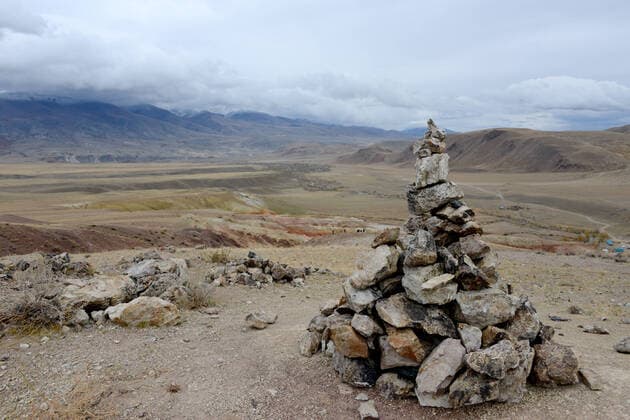 REPUBLIC OF ALTAI, RUSSIA - SEPTEMBER 23, 2020: A cairn in the Kyzyl-Chin River valley in the Kosh-Agach District. Tatyana Valko TASS  TS0E8534