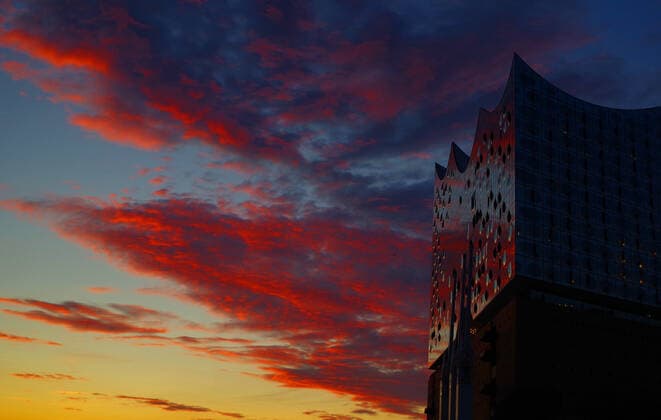 Hamburg harbour the Elbe Philharmonic Hall at sunset