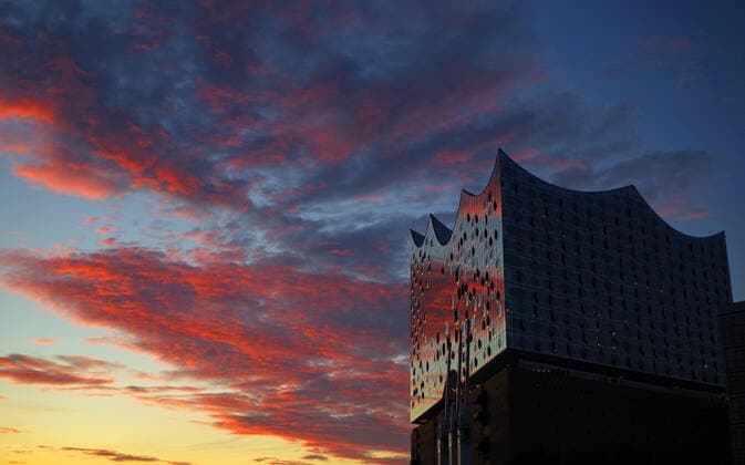 Hamburg harbour the Elbe Philharmonic Hall at sunset