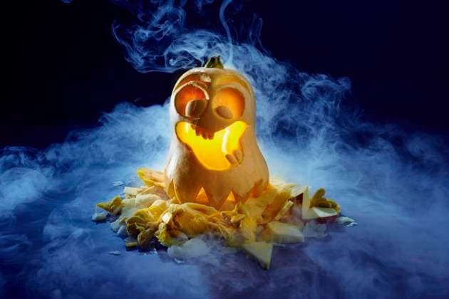 Studio shot of spooky jack-o-lantern made of butternut squash SRSF00672