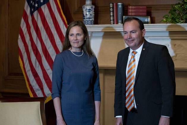 Judge Amy Coney Barrett, President Donald Trump s Supreme Court nominee, left, meets with U.S. Senator Mike Lee (R-UT) at the U.S. Capitol on Tuesday, September 29, 2020 in Washington, D.C. Barrett will be meeting with Republican Senators on Capitol Hill throughout the week in preparation for her confirmation hearing, which is set to begin on October 12.  WAP2020092983231 STEFANIxREYNOLDS