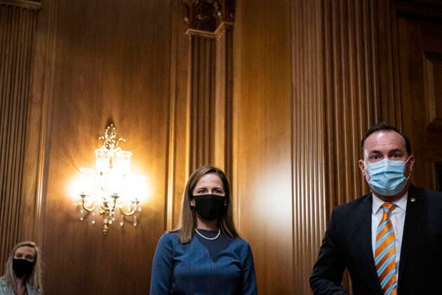 September 29, 2020, Washington, District of Columbia, USA: Judge Amy Coney Barrett, United States President Donald J. Trump™s nominee for associate justice of the U.S. Supreme Court, meets with United States Senator Mike Lee (Republican of Utah), at the U.S. Capitol in Washington, D.C., U.S., on Tuesday, Sept. 29, 2020. A bruising Senate confirmation fight over Trump s Supreme Court choice may seal the fates of several incumbent senators in the November election, though it has yet to drastically alter the odds for which party will control the chamber Washington USA - ZUMAs152 20200929_zaa_s152_219 Copyright: xAlxDragox