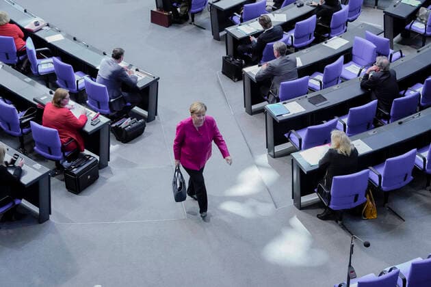 179 Bundestag session in the Reichstag in Berlin News, 30 09 2020, Berlin Angela Merkel the Chancellor of the Federal Republic of Germany at the end of the budget debate on her way back to the Chancellors Office at the 179th session of the German Bundestag in Berlin Berlin Berlin Germany