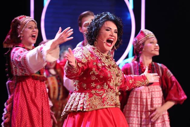 MOSCOW, RUSSIA - SEPTEMBER 30, 2020: Nadezhda Babkina (C), artistic director of the Russkaya Pesnya Russian Song Moscow State Folklore Music Theatre, performs during a concert marking her 70th birthday. Mikhail Tereshchenko TASS  TS0E90BE
