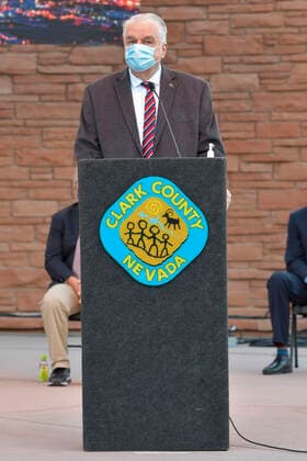 Las Vegas NV - Oct 01: Steve Sisolak speaking at the sunrise remembrance service marking three years since the mass shooting that Killed 58 at the Clark County Government Center amphitheater in downtown Las Vegas on on October 01, 2020. Copyright: xDamairsxCarter MediaPunchx