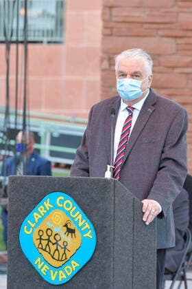 Las Vegas NV - Oct 01: Steve Sisolak speaking at the sunrise remembrance service marking three years since the mass shooting that Killed 58 at the Clark County Government Center amphitheater in downtown Las Vegas on on October 01, 2020. Copyright: xDamairsxCarter MediaPunchx