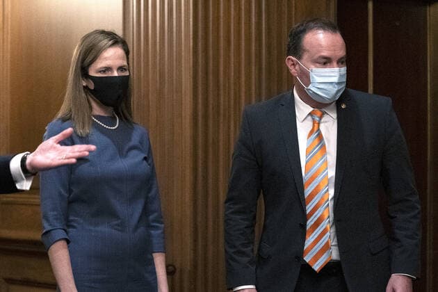 U.S. Senator Mike Lee,R-UT, meets with Judge Amy Coney Barrett, President Donald Trump s Supreme Court nominee, at the U.S. Capitol on Tuesday, September 29, 2020 in Washington, DC. Senate Lee has tested positive for coronavirus it was announced on Friday, October 2, 20020. Earlier today it was announced that President Donald Trump and First Lady Melania Trump have tested positive for coronavirus (COVID-19).  WAXP2020100236 StefanixReynolds