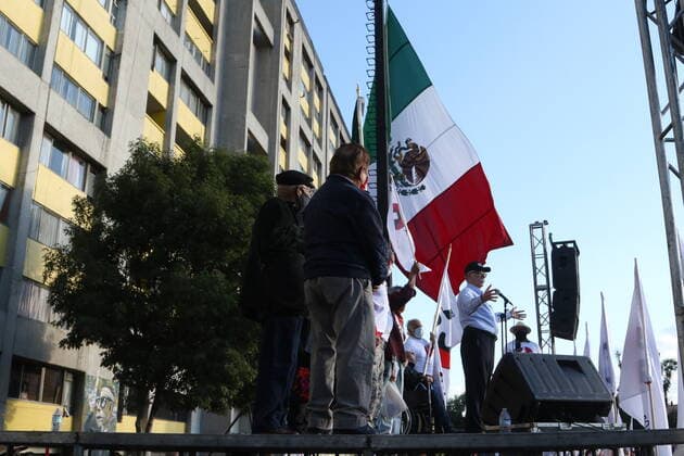 Mexico:52nd Anniversary of Massacre of Tlatelolco MEXICO CITY, MEXICO - OCTOBER 2: A person takes part during a ceremony to commemorate the 52th anniversary of the massacre of students in Tlatelolco. on October 2, 2020 in Mexico City, Mexico. On October 2, 1968 Students was killed while they were protesting against the Mexico s President Gustavo Diaz Ordaz at Plaza de las Tres Culturas **World Rights ** Mexico City Mexico Copyright: EyepixxGroup