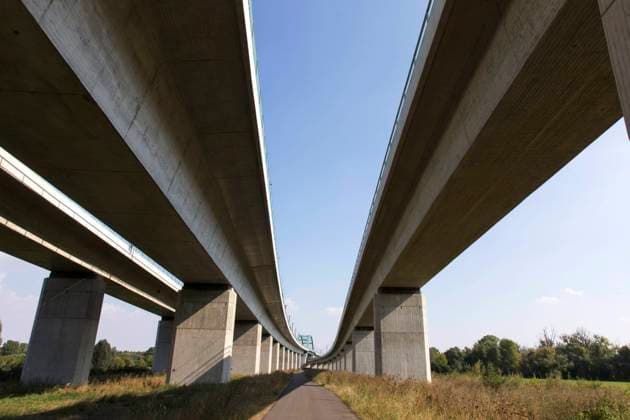 Saale Elster Talbruecke View from below the Saale Elster Talbruecke near Halle, which is about six kilometres long and the longest railway bridge in Germany This section is part of the new ICE line Munich - Berlin Halle Saxony Anhalt Germany