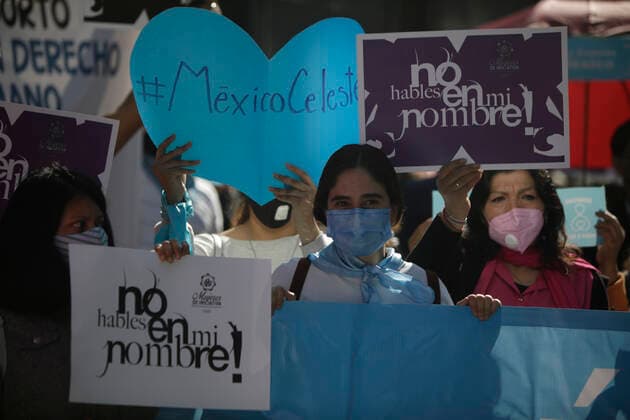Mexico: Protest against legalization of Abortion Demonstrators of National Front For Family take part during a protest against legalization of abortion in the country, outside the Senate of Mexico, while Senators discuss the modification of a law for the decriminalization or not of abortion in Mexico City, Mexico. **World Rights ** Mexico City Mexico Copyright: MarianaxBae
