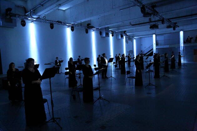 Singers of the Rundfunkchor during the photo rehearsal for the concert installation The World To Come at the Vollgutlager and SchwuZ in Berlin, 7 October 2020 A production of the Rundfunkchor Berlin After Ludwig van Beethovens Missa solemnis concept and scene Tilman Hecker Premiere is on 8 October 2020 Rundfunkchor Berlin The World To Come