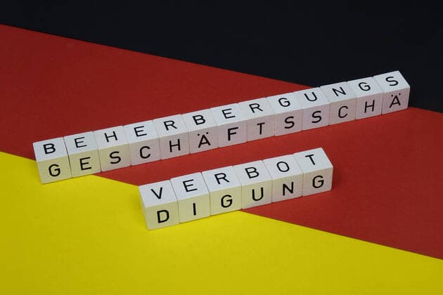 Prohibition of accommodation and damage to business Prohibition of accommodation and damage to business, 08 10 2020, Borkwalde, Brandenburg, On a German flag there are cubes of letters with the words prohibition of accommodation and damage to business