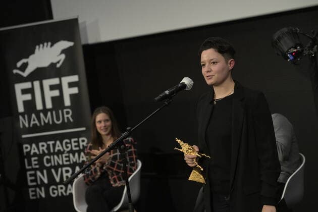 Director Paloma Sermon-Dai pictured with the award for best film for Petit Samedi, at the closing ceremony of the FIFF Festival Internationale du Film Francophone de Namur , Friday 09 October 2020 in Namur. This year edition is special to respect the sanitary measures to fight the Covid-19 pandemy.  LAURIExDIEFFEMBACQ 05879782