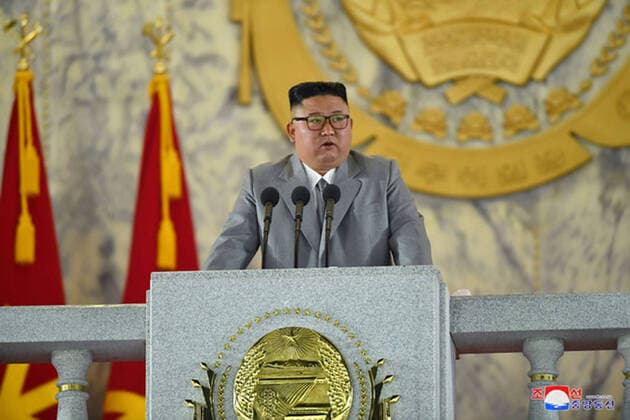 This image, released on October 10, 2020, by the North Korean Official News Service (KCNA), shows North Korean leader Kim Jong Un during a military parade marking the 75th anniversary of the country s ruling Workers Party of Korea.  WAX2020101002 KCNA