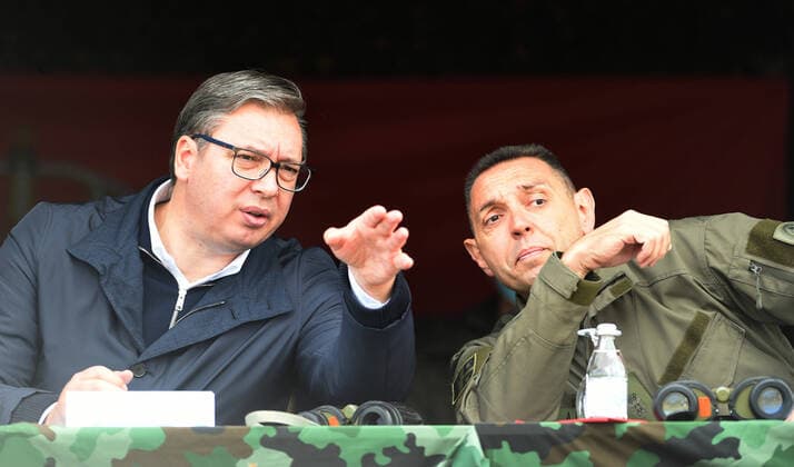 (201011) -- PESTER, Oct. 11, 2020 -- Serbian President and Supreme Commander Aleksandar Vucic (L) and Serbian Defense Minister Aleksandar Vulin observe a military exercise at the Pester plateau in southwestern Serbia on Oct. 10, 2020. The Serbian army held a large live-fire tactical exercise on Saturday with a focus on close air support. The exercise demonstrated a joint action of about 2,800 members of the Air Force, the Army, the 72nd Special Operations Brigade, and the 63rd Parachute Brigade, more than 150 combat and non-combat vehicles and combat systems, as well as about 40 aircrafts. (Photo by Xinhua) SERBIA-PESTER-MILITARY-EXERCISE PredragxMilosavljevic 