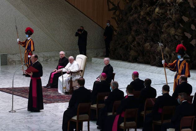 October 14, 2020 - Vatican City (Holy See) - POPE FRANCIS during his wednesday general audience in Aula Paolo VI at the Vatican. EvandroInetti via ZUMA Wire Vatican City State - ZUMAi15_ 20201014_zaf_i15_015 Copyright: xEvandroxInettix