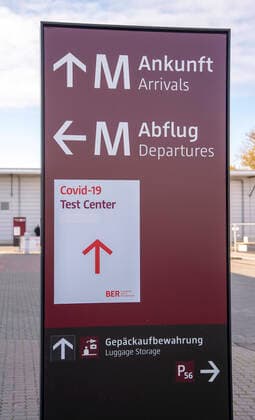 17 10 2020 , Schönefeld Sign for Covid 19 Test Center at Berlin Schönefeld Airport