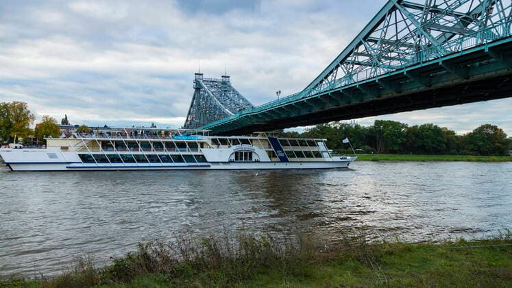 Salon ship Motor ship Countess Cosel of the Saxon Steamship Company, now operated by WEISSE FLOTTE SACHSEN GmbH, in Dresden Blasewitz am Blauen Wunder Dresden Sachsen GERMANY