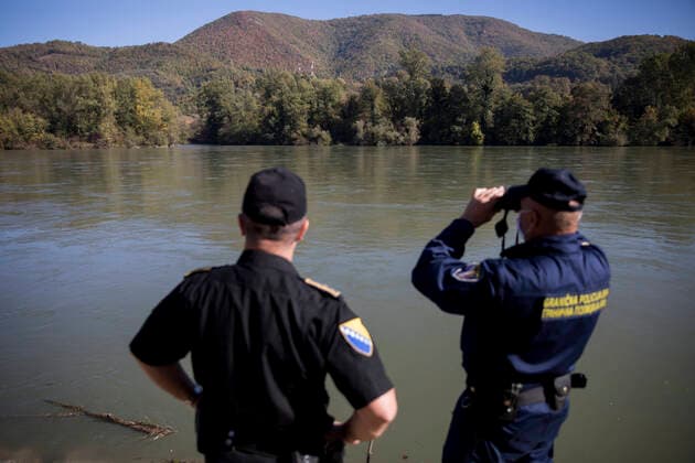 Border patrol with Bosnian police in Zvornik Bosnian police control river Drina where migrants try to cross the border illegally, in Zvornik, Bosnia and Herzegovina, on October 22, 2020. The Drina River is the natural border between BiH and Serbia, as well as the last river that migrants must cross to reach BiH, and later Croatia and the EU. In Zvornik and the region, the border police cover about 130 km of the border, and according to the bvorder police of Bosnia and Herzegovina systematization, there is currently a lack of more than 300 police officers to perform regular border control activities and as many as 1,300 police officers to adequately respond to border protection in the migrant crisis. 13,350 migrants entered BiH this year, an ArminxDurgut PIXSELL