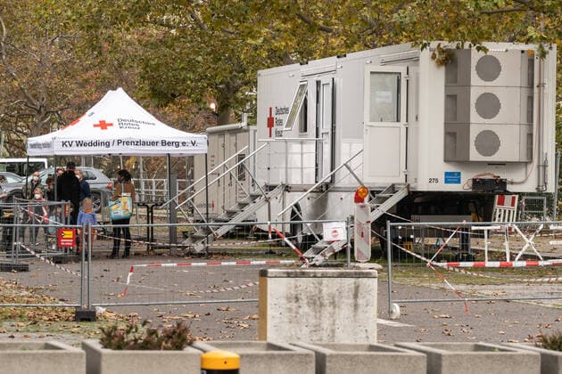 23 10 2020,Berlin,Germany,GER,The German Red Cross DRK operates a Covid 19 test station at Berlin Central Bus Station ZOB on the car park Soorstraße