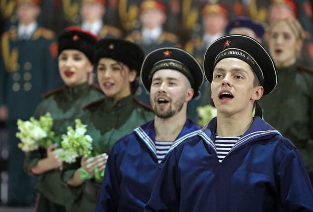 MOSCOW, RUSSIA - OCTOBER 23, 2020: Artists perform during the Athletes Salute the Great Victory concert held at the Megasport Sport Palace to mark this year s 75th anniversary of the victory in World War II. Vyacheslav Prokofyev TASS  TS0EBE16