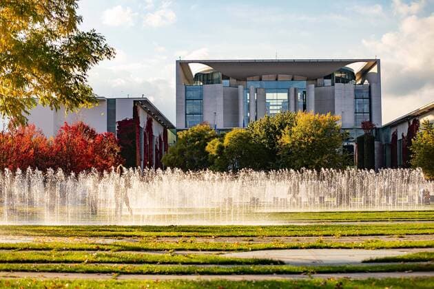 Sunny autumn day in Berlin, water games in front of the Chancellery Berlin Berlin Germany