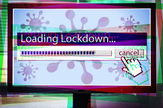 PHOTOMONTAGE, computer monitor with loading bar Lockdown ** NUR FUER REDAKTIONELLE ZWECKE ** EDITORIAL USE ONLY **