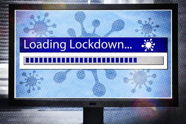 PHOTOMONTAGE, computer monitor with loading bar Lockdown ** NUR FUER REDAKTIONELLE ZWECKE ** EDITORIAL USE ONLY **