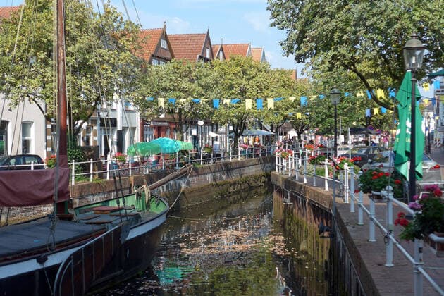 The Hanseatic City of Buxtehude County of Stade Lower Saxony Here the inner-city Fleth with the Ewer flat-bottomed ship Margareta